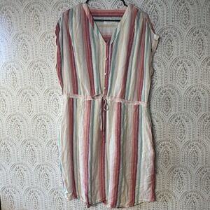 Time and Tru Women's Dress Size Large Colorful Striped Linen Blend Beachy Pocket
